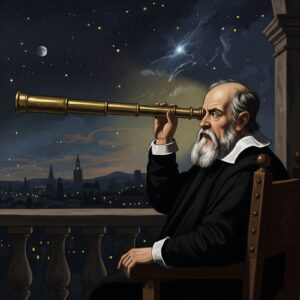 Galileo Galilei observing the night sky with his telescope