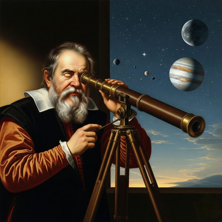 Galileo Galilei observing the night sky through his telescope