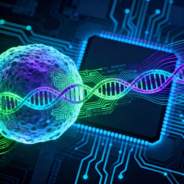 Artistic blend of a glowing living cell with DNA and genetic circuits merging with digital circuit patterns, symbolizing biocomputing as living cells performing computation.