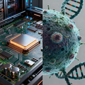 Split-image showing a silicon supercomputer contrasted with a close-up of a living cell, representing the shift from electronic to biological computation.