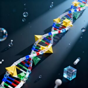 Diagram or 3D render of DNA origami folding into complex nanoscale shapes, showcasing programmable molecular architecture.