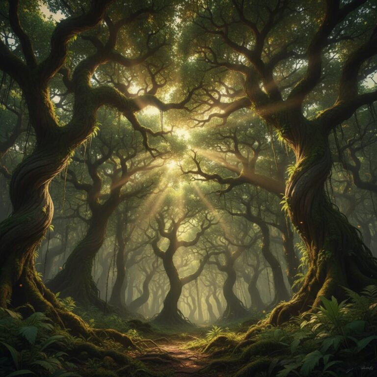 A sacred grove with tall, centuries-old trees, sunlight streaming through the canopy, symbolizing harmony between nature and spirituality.