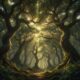 A sacred grove with tall, centuries-old trees, sunlight streaming through the canopy, symbolizing harmony between nature and spirituality.