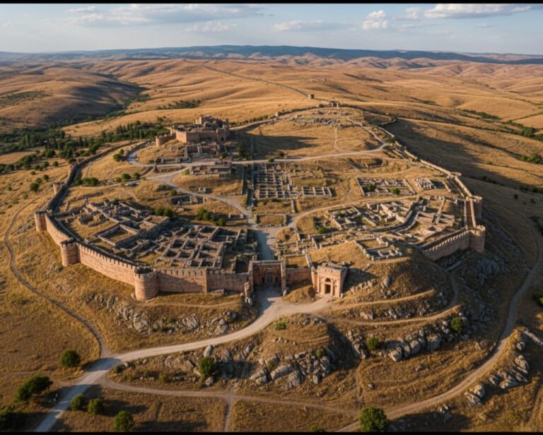 Ruins of Hattusa, the ancient Hittite capital, with stone fortifications and rugged Anatolian landscape.
