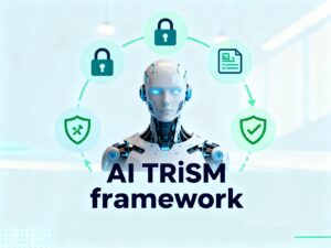 Conceptual image of an AI agent protected by lock and shield icons, representing key themes of security, privacy, and accountability in AI governance, including frameworks like AI TRiSM